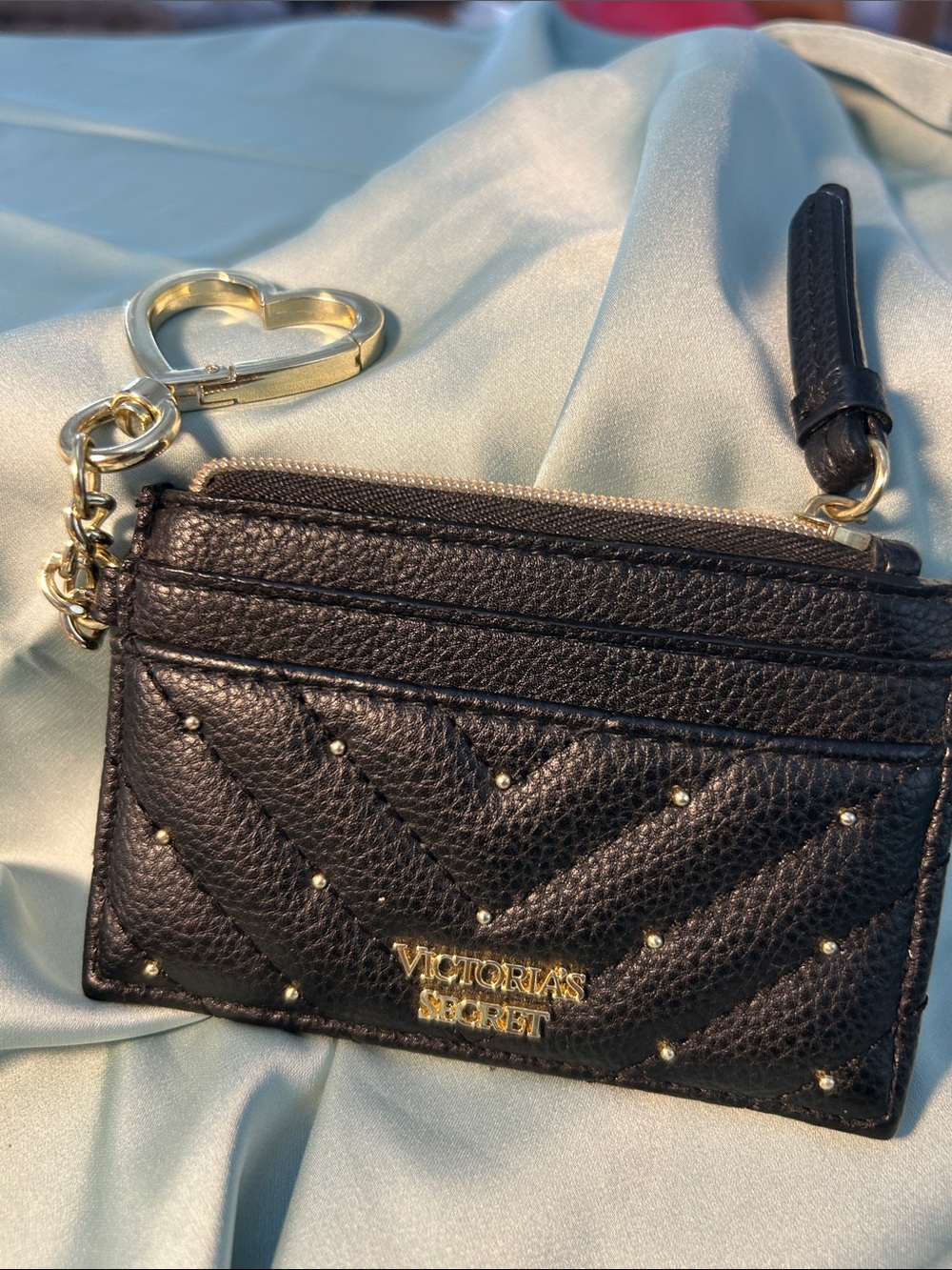 Victoria's Secret Black Quilted Cardholder with Gold Heart Keyring